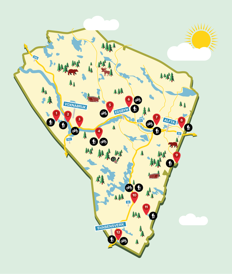 Lekfull karta över kommunen med siffror och symboler som visar var vandringslederna ligger.