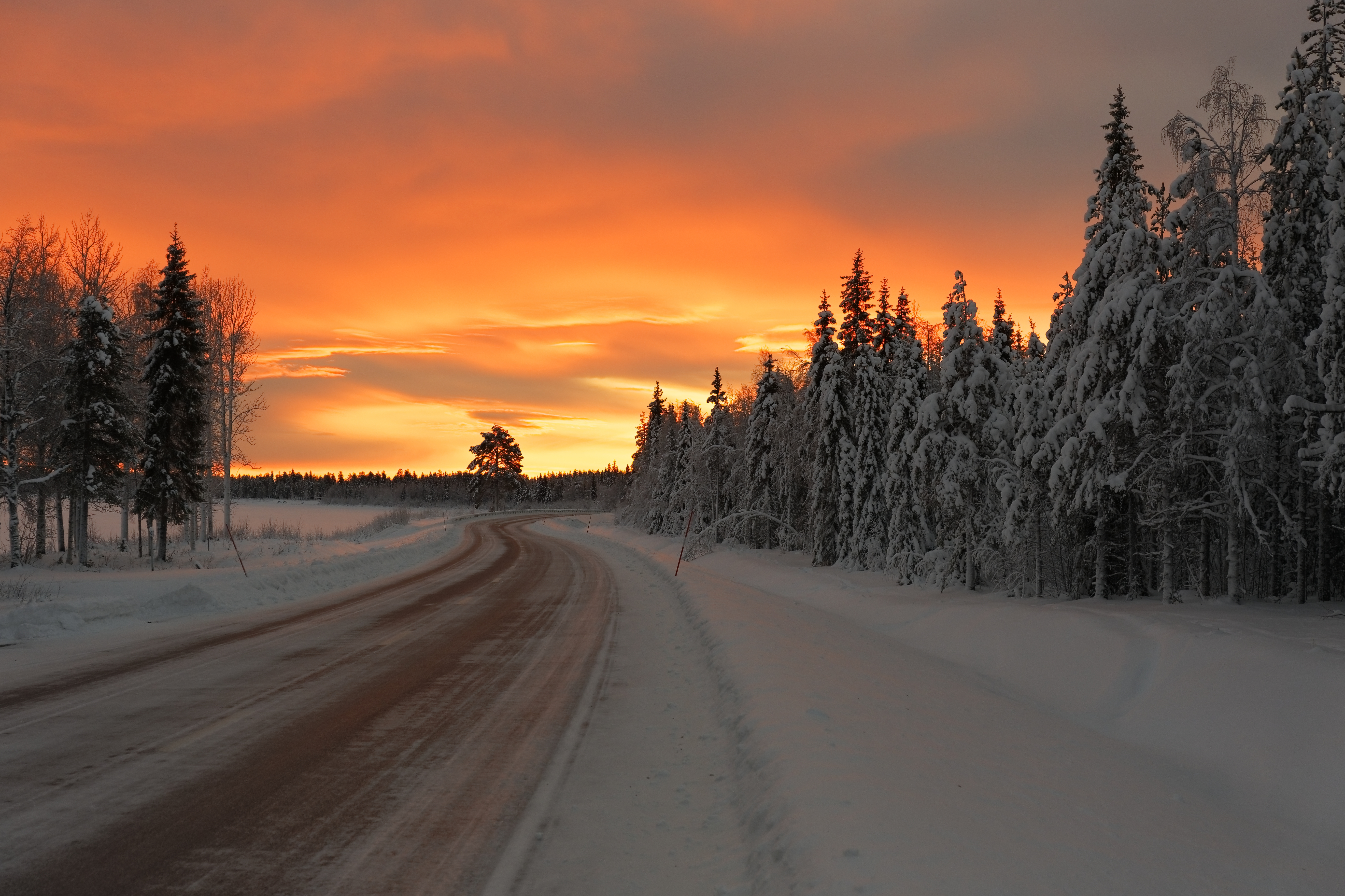 En vinterväg i solnedgång