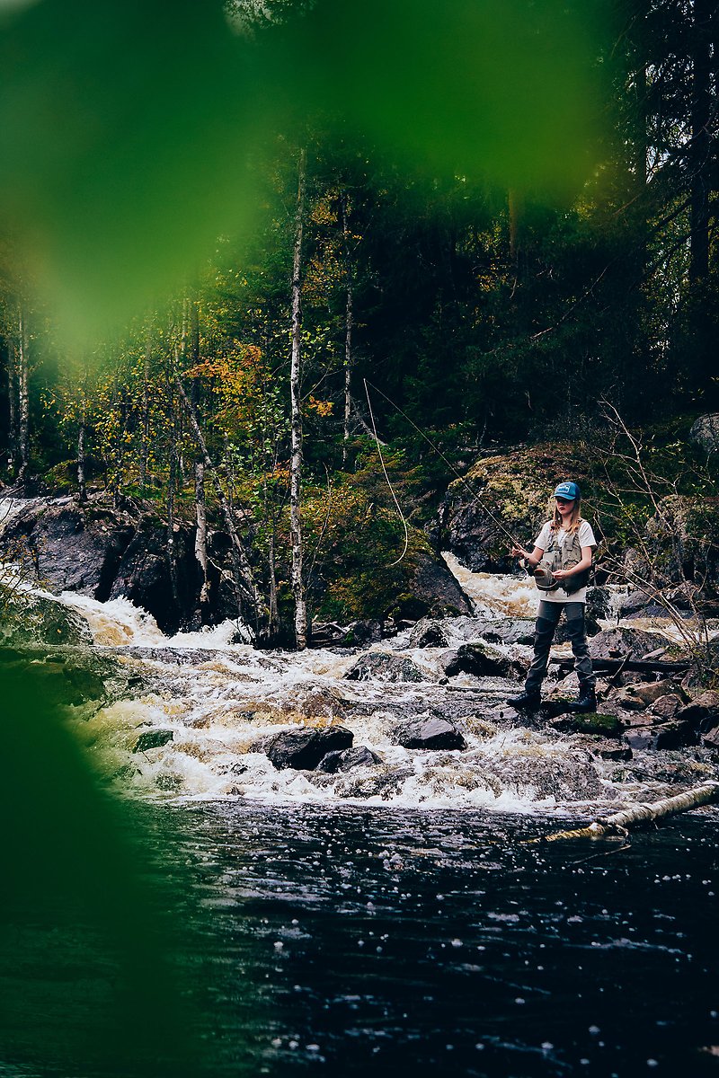 En flicka står på stenar i en livlig fors i skogen och kastar med sitt flugfiskespö.