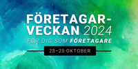 Temabild för Företagarveckan 2024. Textlogotyp mot blå- och grönfärgad abstrakt bakgrund.